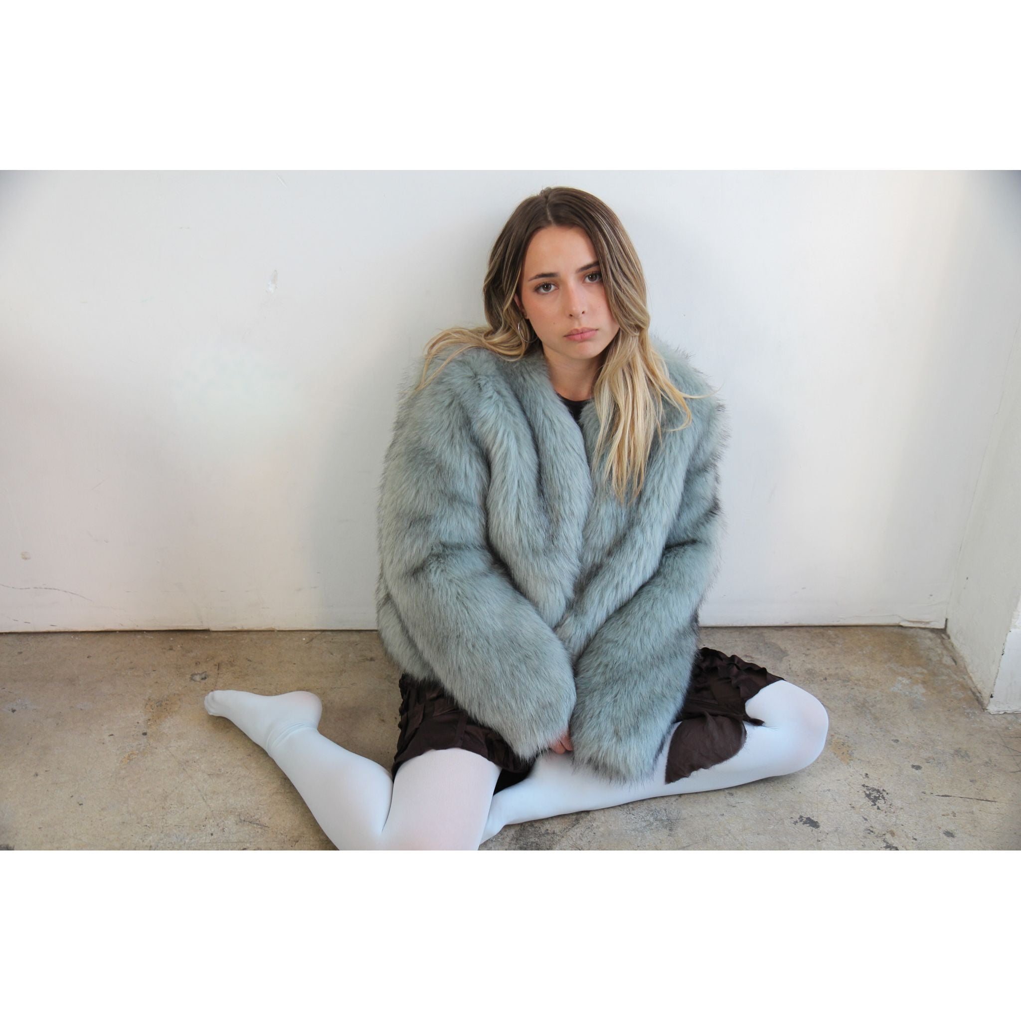 blue faux fur jacket